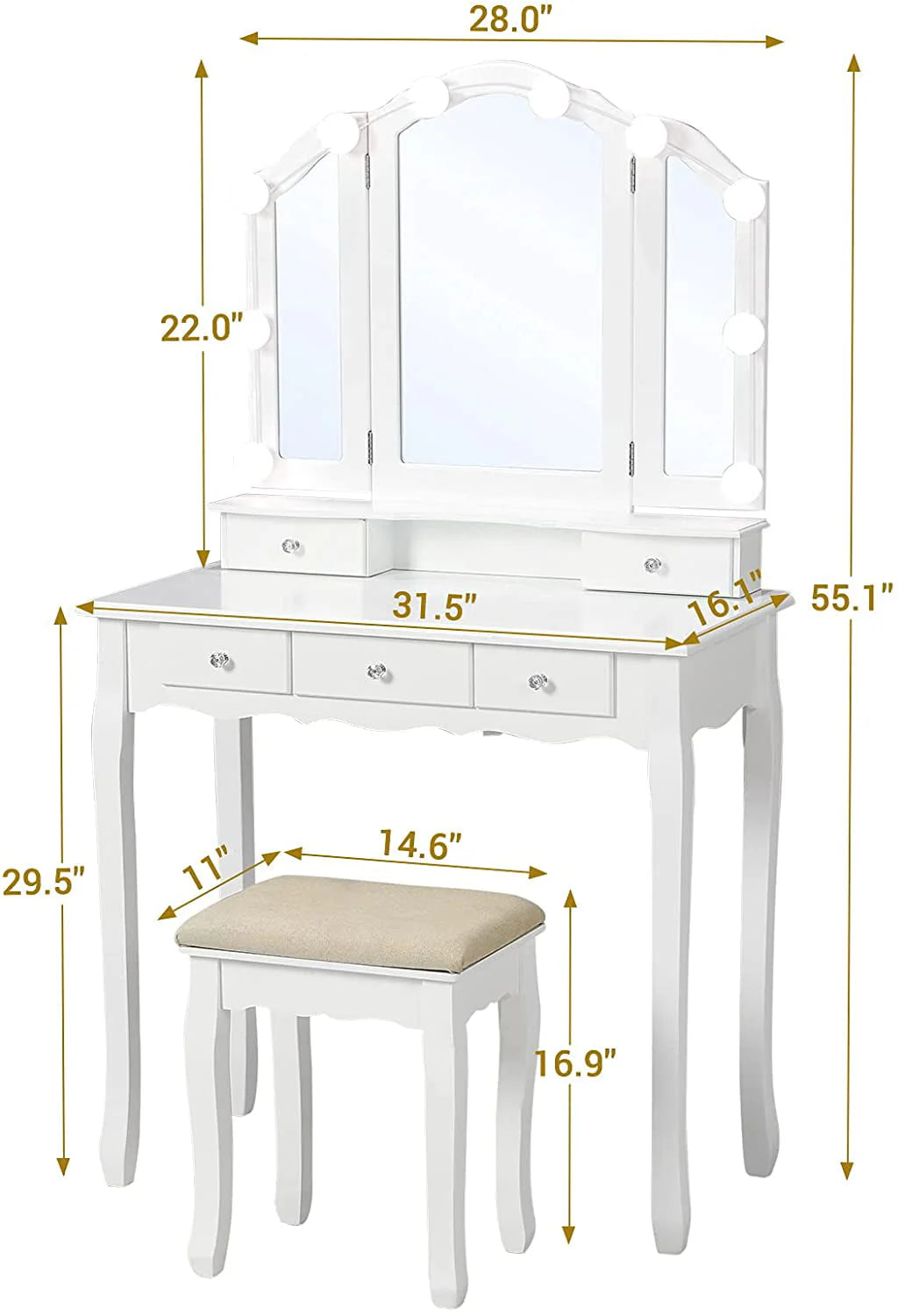 Makeup Vanity Set Desk Table with with Lights & Tri-Folding Mirror,Dressing Table with Cushion Stool & 5 Drawers, White