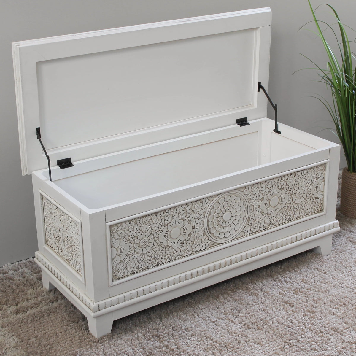 International Caravan Windsor Antique White Hand Carved Storage Bench
