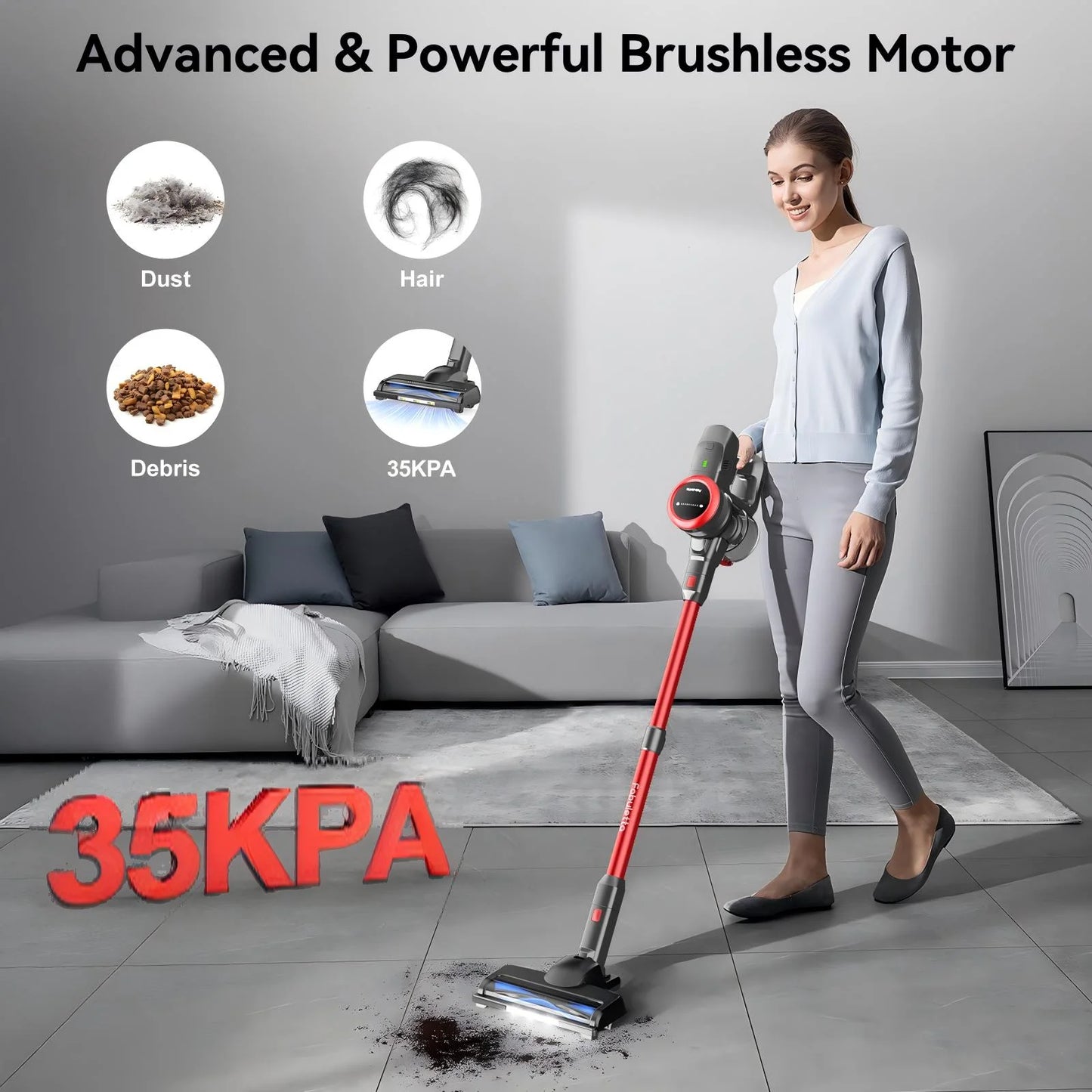 Lazyswan Cordless Vacuum Cleaner 35KPA Self-Standing Stick Vacuum 50min 400W Vac for Home Pet Hair Car Carpet Hardwood Floor, Black