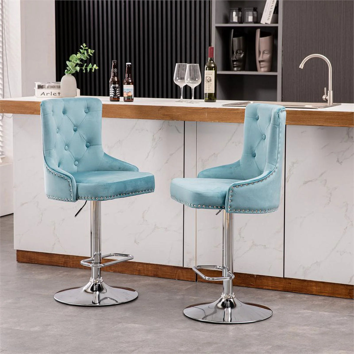 Alexent 2PCS Swivel Bar Stools, High Back, Button Tufted, Silver Footrest and Nailhead Trim Swivel Bar Chairs for Kitchen, Bar Velvet Upholstered Bar Stools, Dark Blue