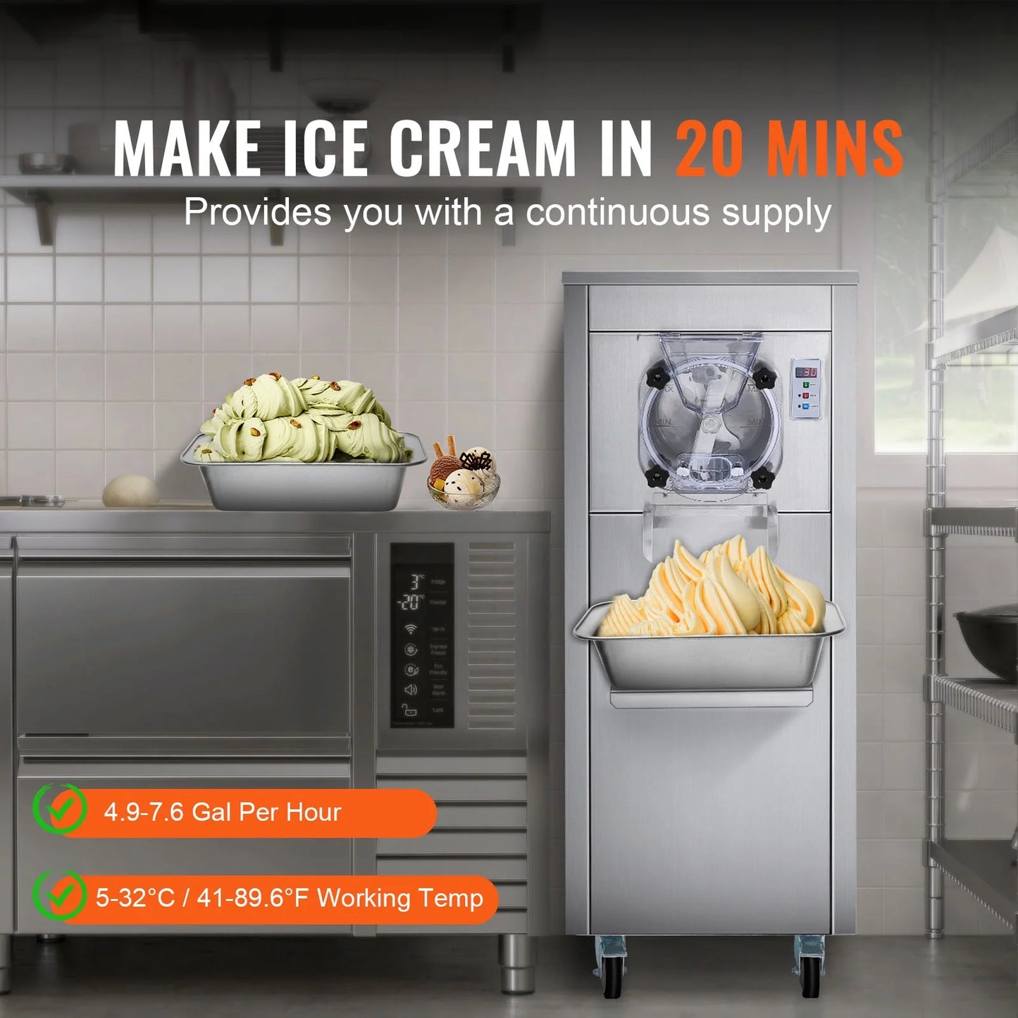 KFFKFF Commercial Ice Cream Machine, 18L/Hour Output, 1780W, Single Flavor, Mobile with Wheels, 6L Stainless Steel Cylinder, LED Screen, Auto Clean & Pre-cool