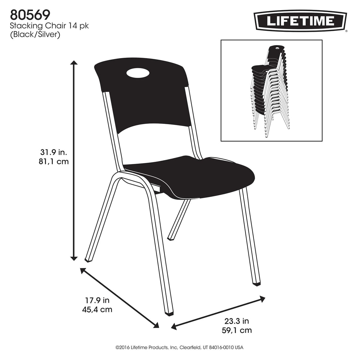 Lifetime Steel Framed Indoor/Outdoor Commercial Grade Stacking Chairs, Black & Silver, (Set of 14) 80569