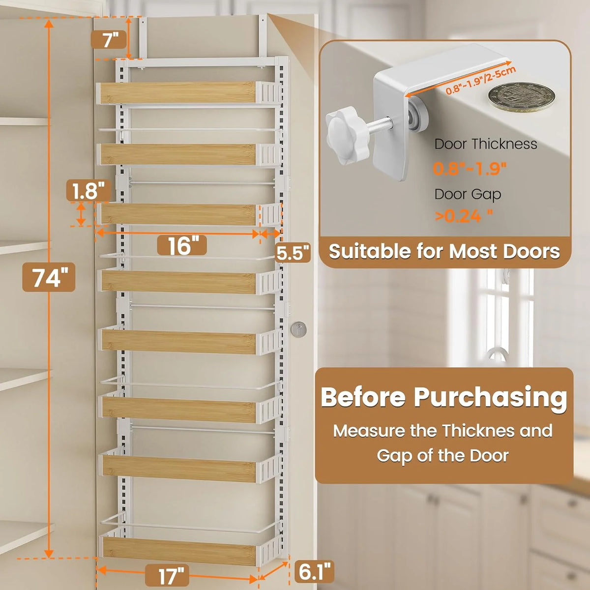 8 Tier Over The Door Pantry Organizer, 2 IN 1 Wall Mount or Hanging Spice Rack Seasoning Shelves with Adjustable Basket, Back of Door Organizer and Storage for Kitchen Cabinet and Room Closet
