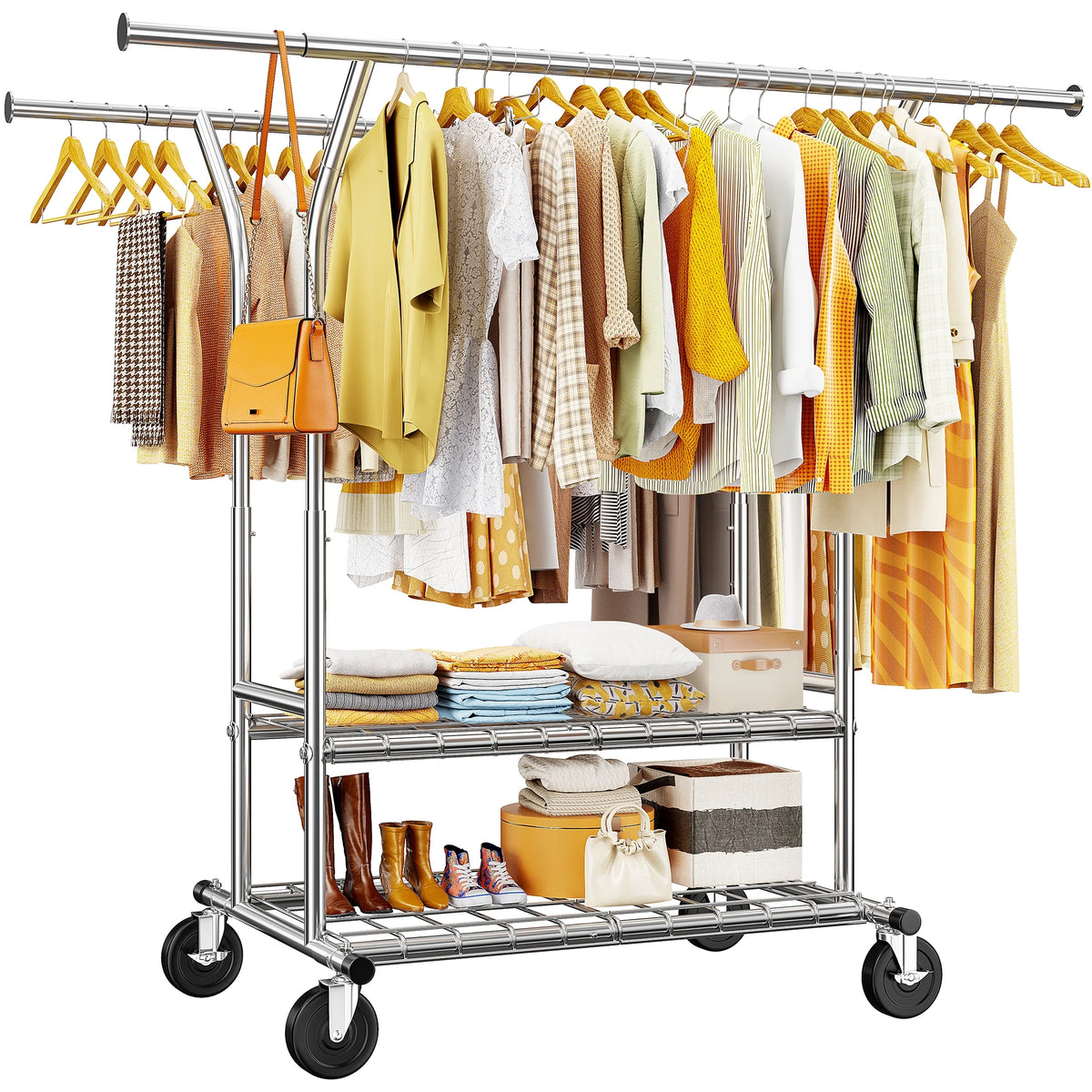Clothes Rack with Wheels, Heavy-Duty Garment Rack for Hanging Clothes, Adjustable Freestanding Wardrobe Organizers and Storage with Double Sheves