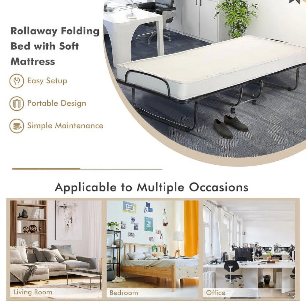 75" x 31" x 13" Folding Bed with Mattress, Rollaway Bed Metal Frame on Wheels, Portable Foldable Guest Bed for Adults, Cot Size Fold up Bed with Memory Foam Mattress