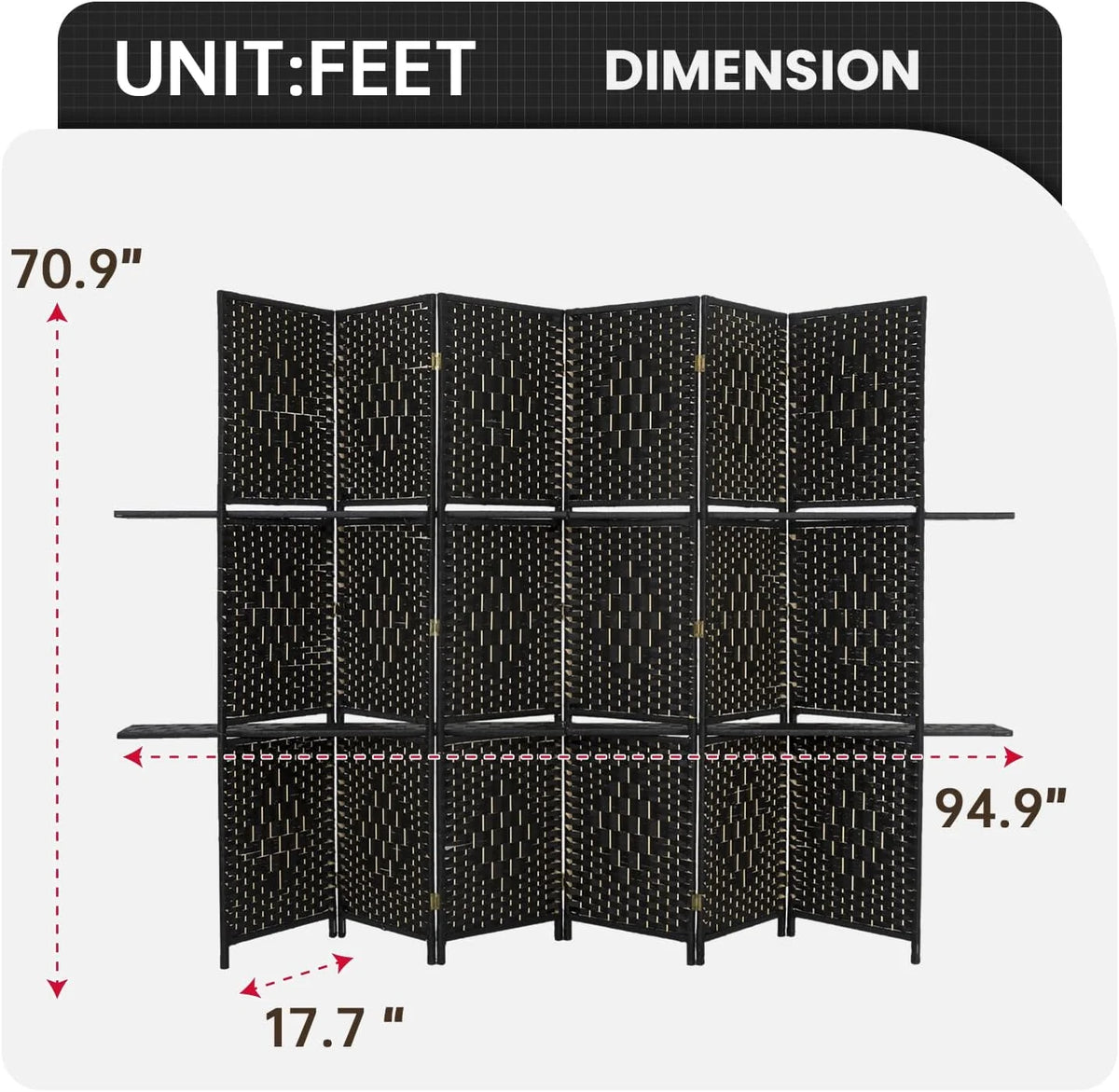 Dkelincs 6 Panel Wood Room Dividers Portable Folding Privacy Screen with Removable Storage Shelves, Brown