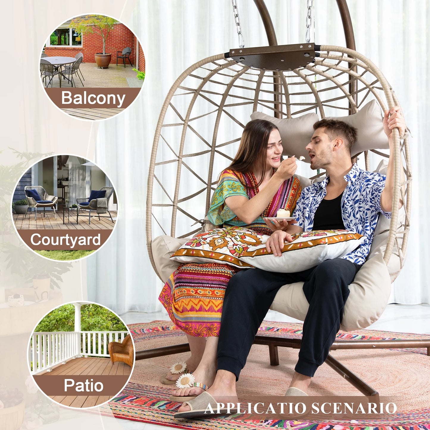 RADIATA Double Wicker Egg Swing Chair with Stand, 2-Person Hanging Egg Chair for Indoor/Outdoor, 700lbs Capacity, Thick Cushions & Headrest,Sturdy Metal Frame��Dark Gray
