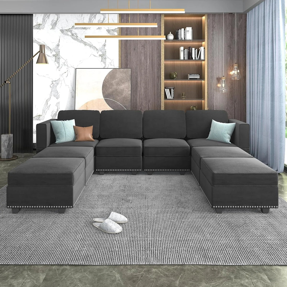 Mjkone Modular Sectional Sofa with Adjustable Armrest and Backrest for Living Room,U/L Shaped Couch 8 Seater Convertible Sectional Couch with Storage Ottoman for Living Room,Dark Grey