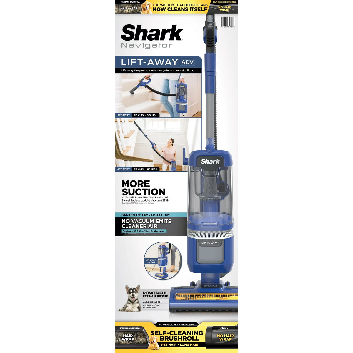 Shark Upright Vacuum, Lift-Away ADV, Pet Friendly, Bagless, with Self-Cleaning Brushroll, Hard Floor and Carpet, Anti Allergen & Lightweight Design, LA360, Blue