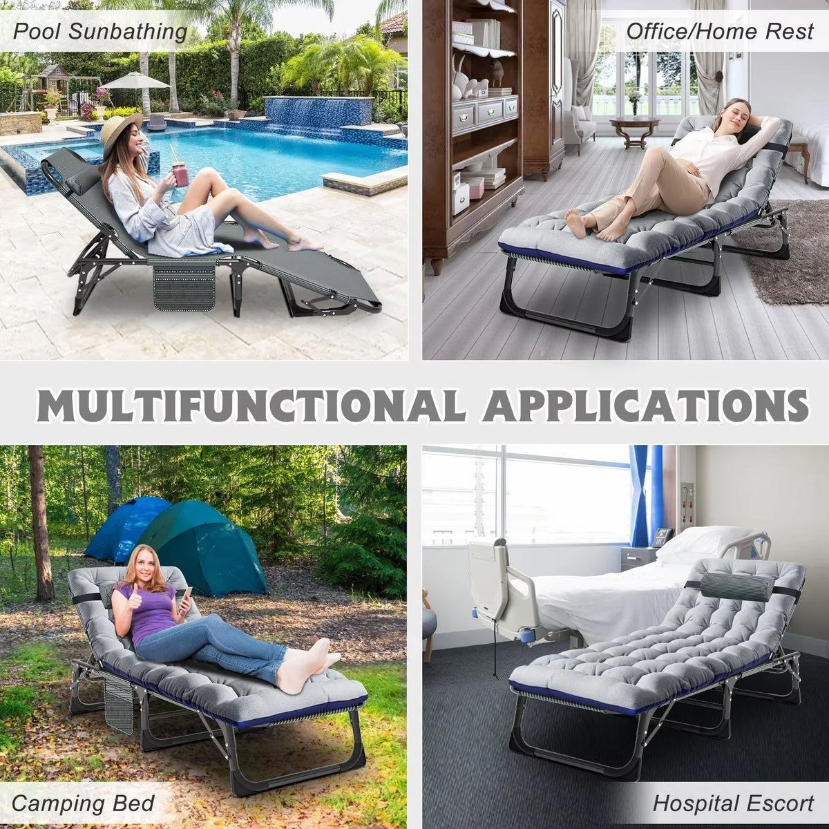 MOPHOTO Lounge Chair with Mattress, Outdoor Chaise Lounge Support 440 Lbs, Adjustable Portable Heavy Duty Sleeping Cots Bed for Camping, Pool, Beach, Patio