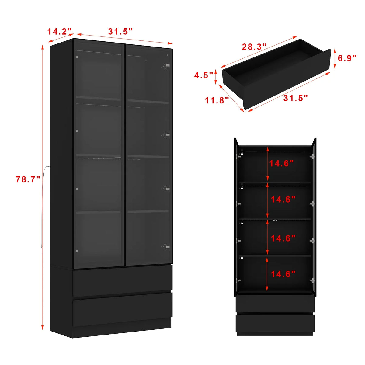 KULAGAGA Bookcases Organizer with LED Lights, Heavy Duty Display Cabinet with Glass Door for Living Room, 31.5" Wide