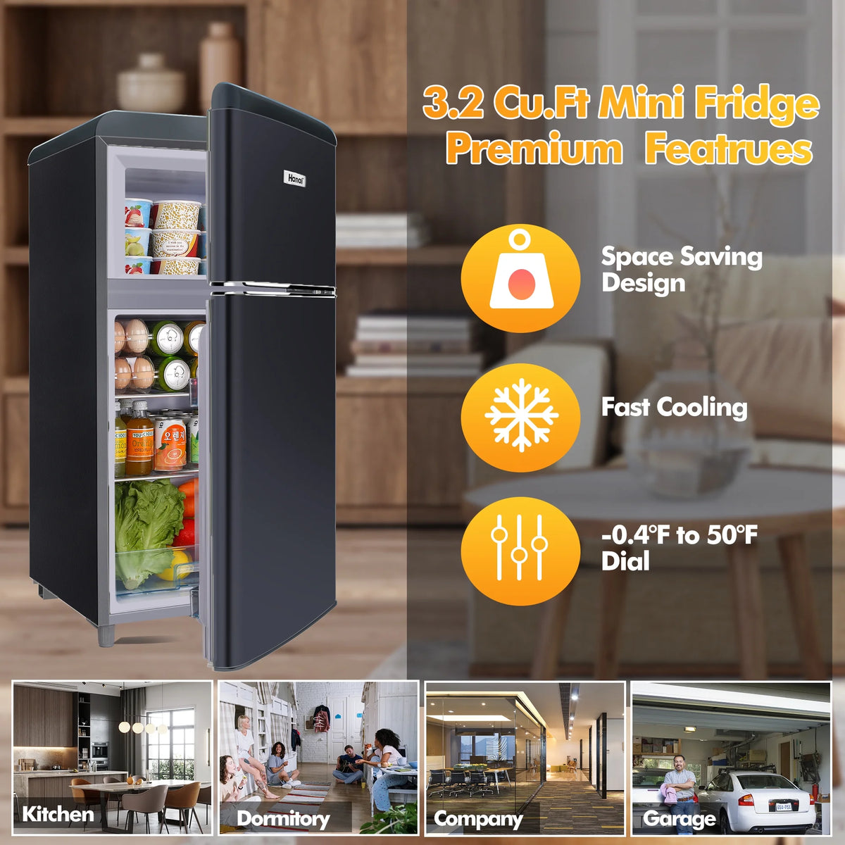 WANAI 3.5 Cu ft Two Door Mini Refrigerator with Freezer,Black