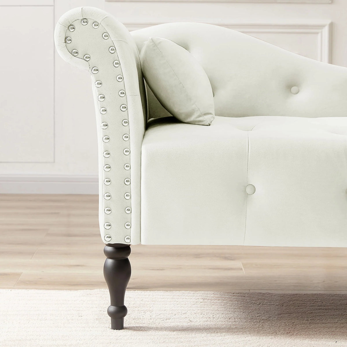 HUTWIFE Velvet Chaise Lounge, Left Arm Design Chaise with Nailhead Trim Tufted Button Lounge Chair with Pillow Modern Upholstered Rolled Arm Lounges Chair for Living Room Bedroom
