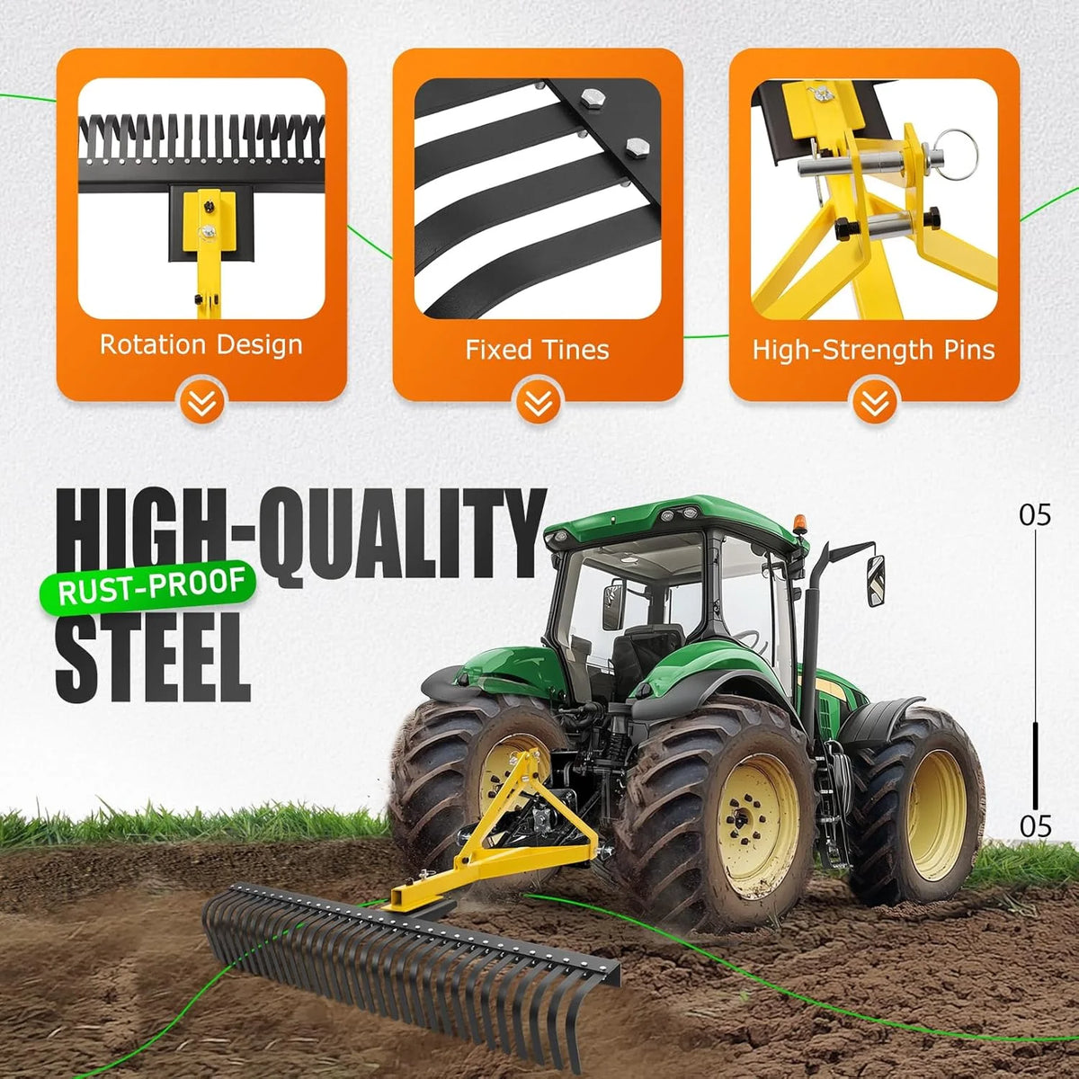 KOJEM 60In Landscape Rake 3 Point Rake 360 Degree Rotation Compatible with Category 1 Cat1 Compact Tractors Tow-Behind Garden Tool for Garden Farm Clearing Brush Raking Arenas 2 Package Yellow