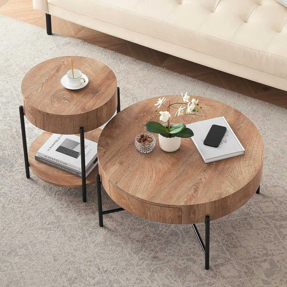 Round Coffee Table with Drawers Circle Living Room Table Wood Accent Coffee Table with Storage White Center Table (Natural)