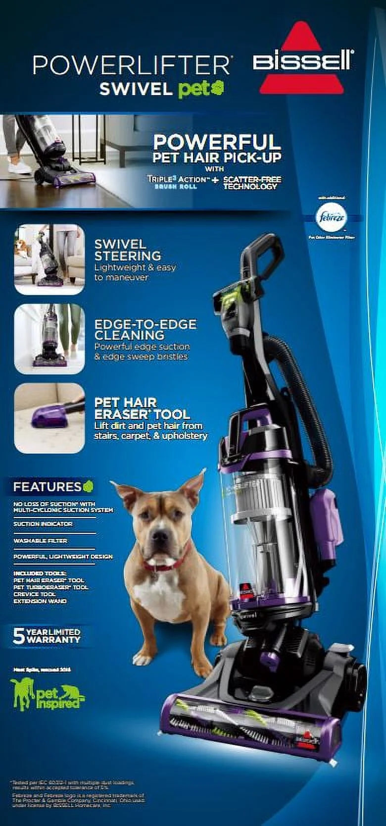 BISSELL PowerLifter Swivel Pet, Bagless, Upright Vacuum, Pet Friendly, Triple Action Brush Roll, Scatter Free Technology, Swivel Steering, Edge-to-Edge Cleaning, 2260, Black & Purple