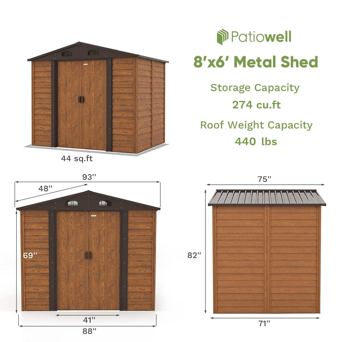 Patiowell luxurious 8 x 6 FT Wood Look Storage Shed for Outdoor, Steel Yard Shed with Design of Lockable Doors, Brown