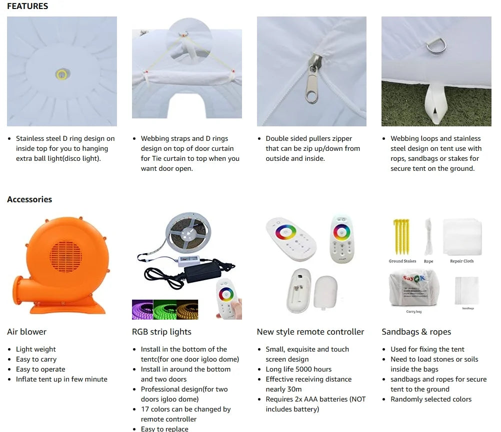 Portable White LED Lighting Inflatable Igloo Dome Tent Marquee Canopy Shelter with Air Blowerfor Exhibition Camping Party Events