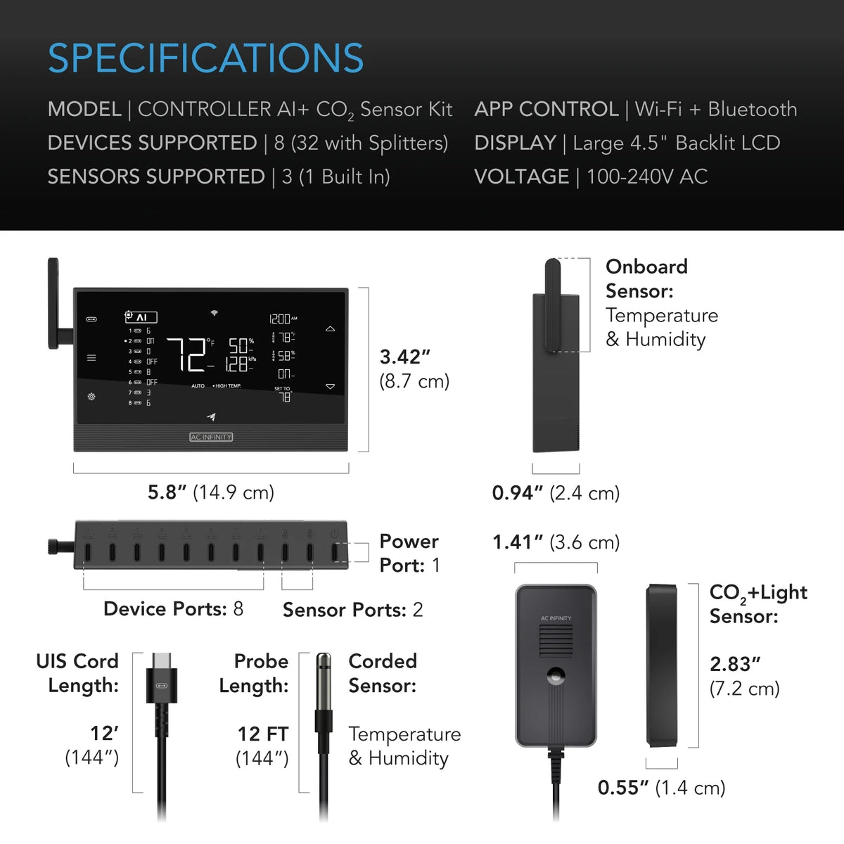 AC Infinity Controller AI+ with CO2 Sensor Bundle �C AI-Powered Learning, CO2 Data Tracking for Gardens & Grow Tents, Temp, Humidity, & VPD Monitoring for Dynamic Level Adjusting, Bluetooth & WiFi App