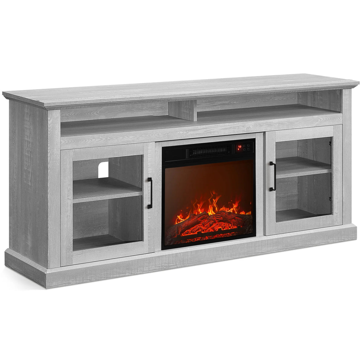 BELLEZE 60" TV Stand with 18" Electric Fireplace, Traditional TV Stand for TVs up to 65", Modern Media Entertainment Center Console Table with Open Storage Shelves & Cabinets - Cayman (Rustic Grey)