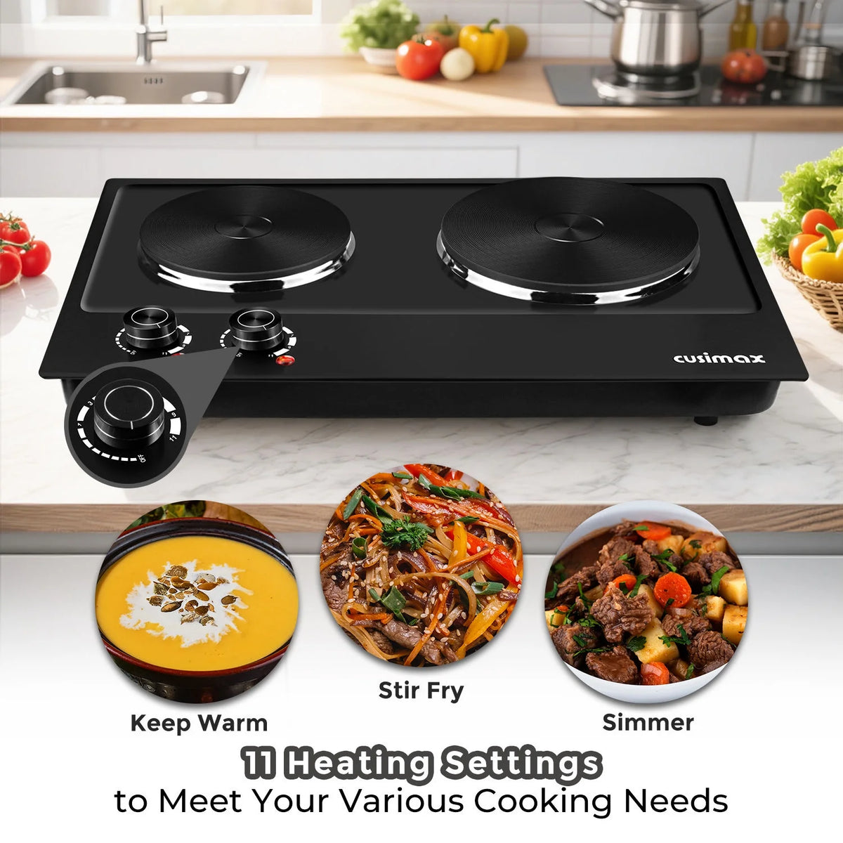 CUSIMAX 1800W Portable Double Burner Hot Plate �?Stainless Steel Countertop Electric Cooktop with Dual Cast Iron Heating Plates, Easy-to-Clean Silver Design, Upgraded Version