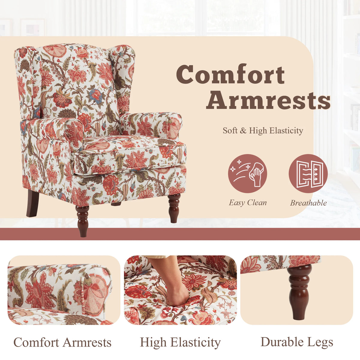 EROMMY Upholstered Accent Chair, Floral Print Fabric Armchair