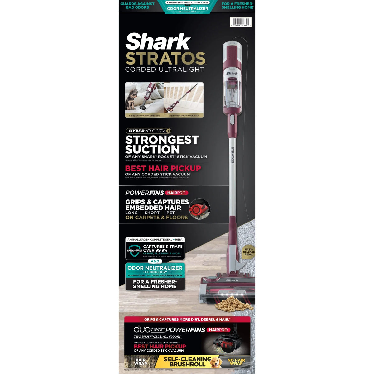 Shark Stratos? UltraLight Corded Stick Vacuum with DuoClean? PowerFins? HairPro?, Self-Cleaning Brushroll, and Odor Neutralizer Technology, HZ3000