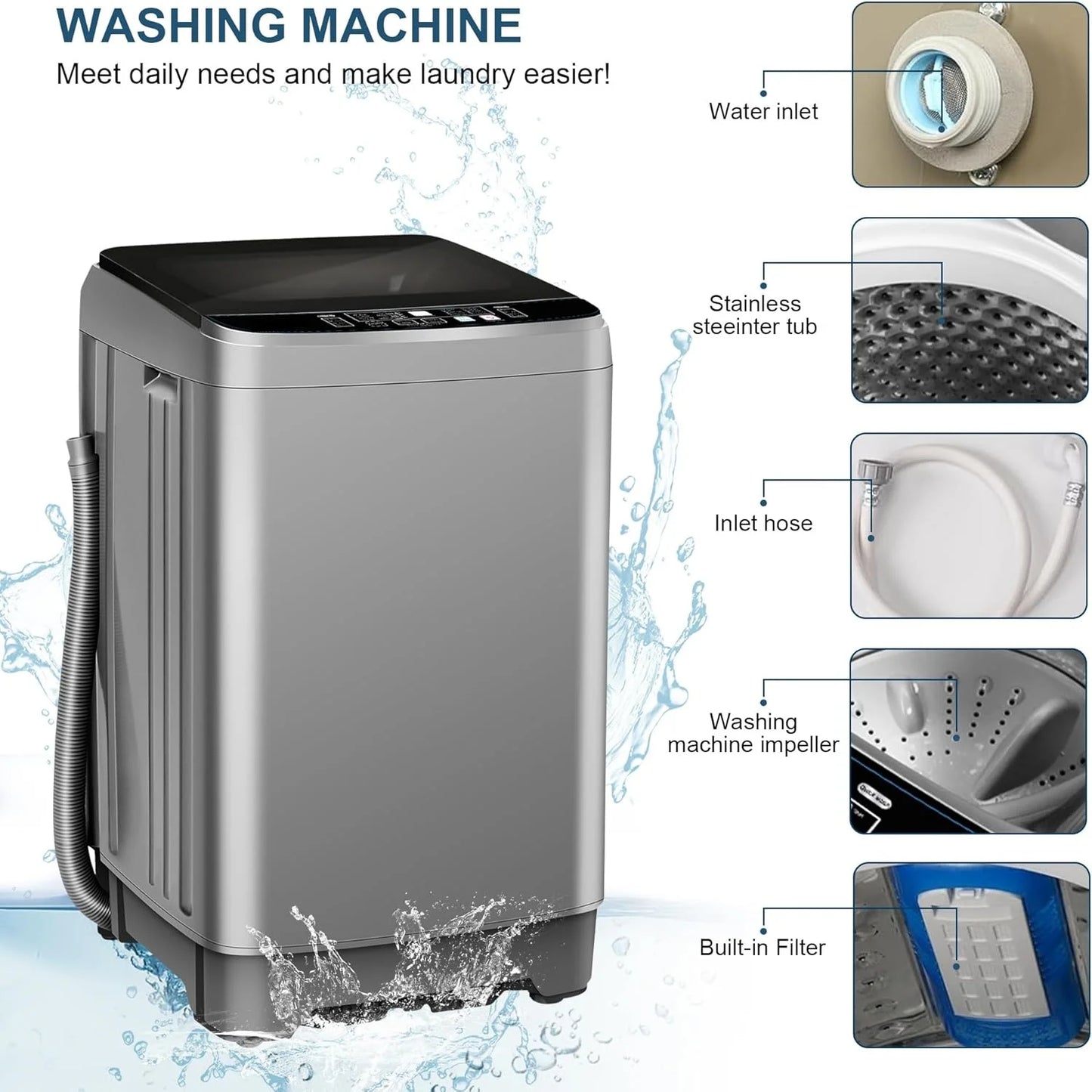 Kcpolre Portable Washing Machine, 25 lbs Full Automatic Washer with 10 Programs & 8 Water Levels, Top Load Clothes Washing Machines with LED Display for Home, Apartment, Grey