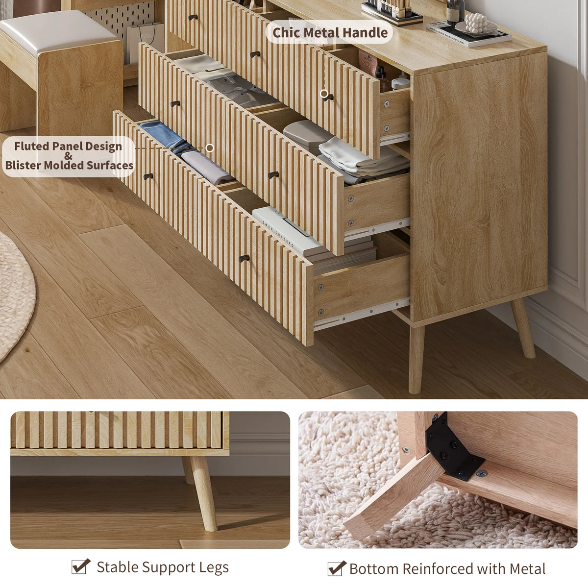 Oubayajia 7 Drawer Double Dresser, Fluted Chest of Drawers, Wood Storage Cabinet for Bedroom, Living Room, Hallway, Walnut
