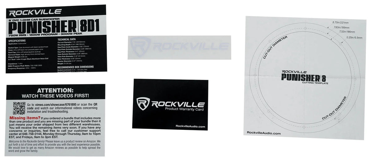 2 Rockville Punisher 8D1 8" 3000w Peak/750w RMS Competition Car Audio Subwoofers