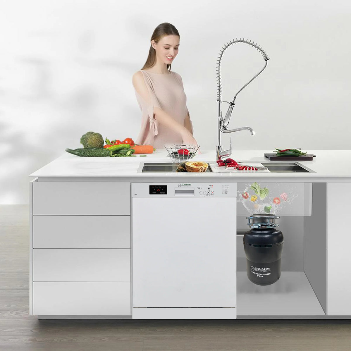 Equator 24 in Dishwasher 14 place + 3/4 HP Garbage Disposer QUIET 51dB 110V