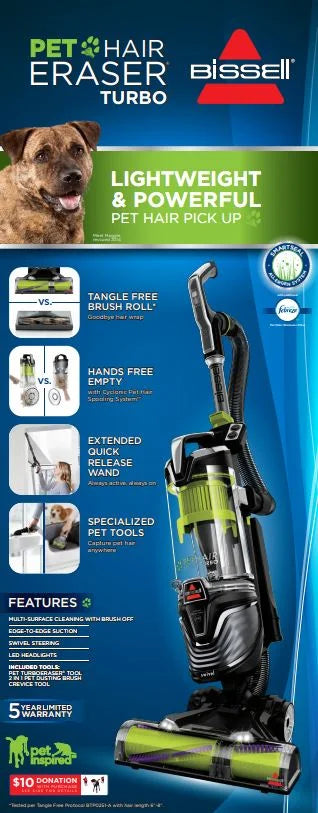 BISSELL Upright Vacuum, Pet Hair Eraser Turbo Pet Friendly, Bagless, Hard Floor and Carpet, with Tangle Free Brush Roll, Extension Wand, 2475, Grey