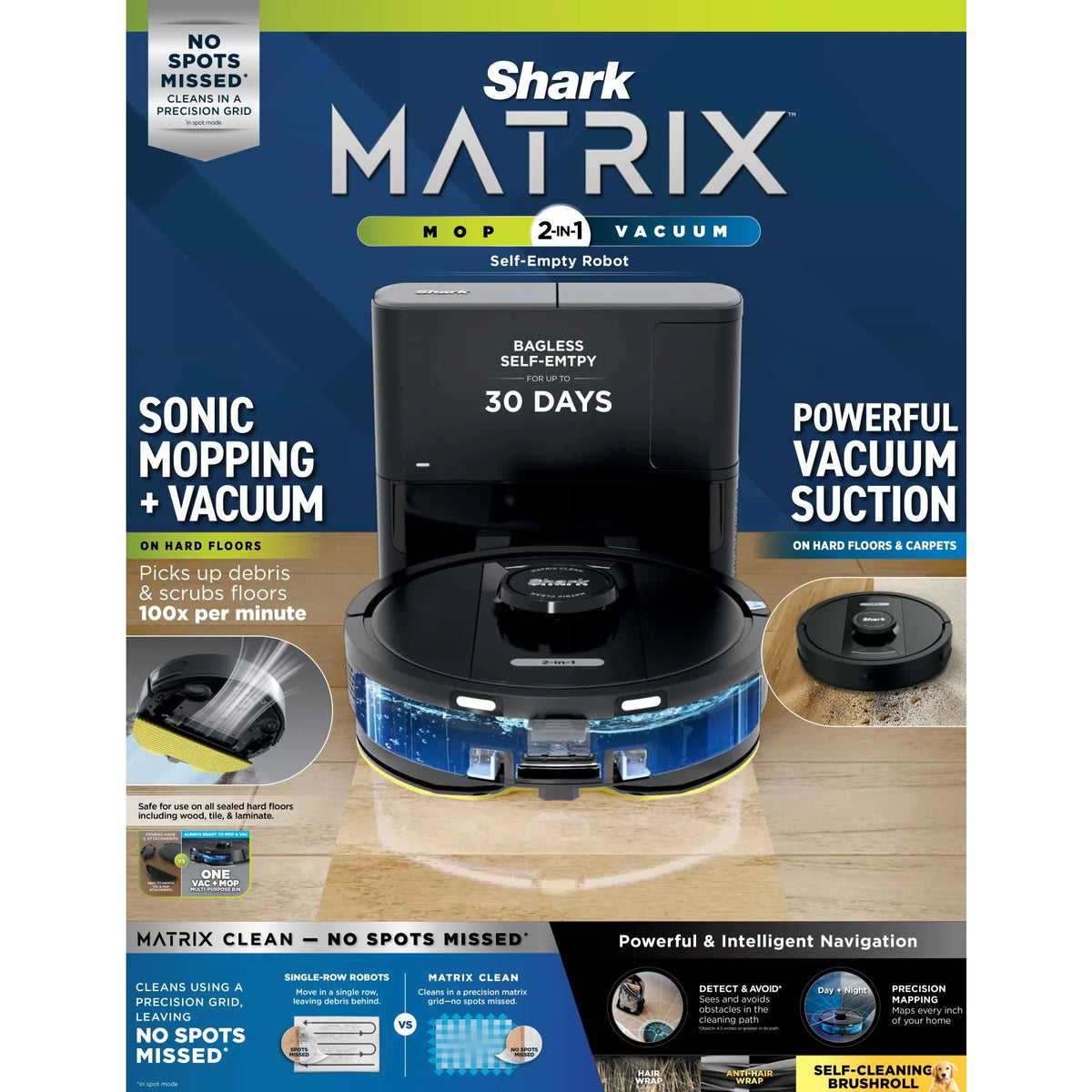 Shark Matrix Robot Vacuum & Mop, Auto Empty, Carpets and Hard Floors, 30-Day Capacity Base, Precision Home Mapping, Pet-Friendly, Wi-Fi, RV2400WS