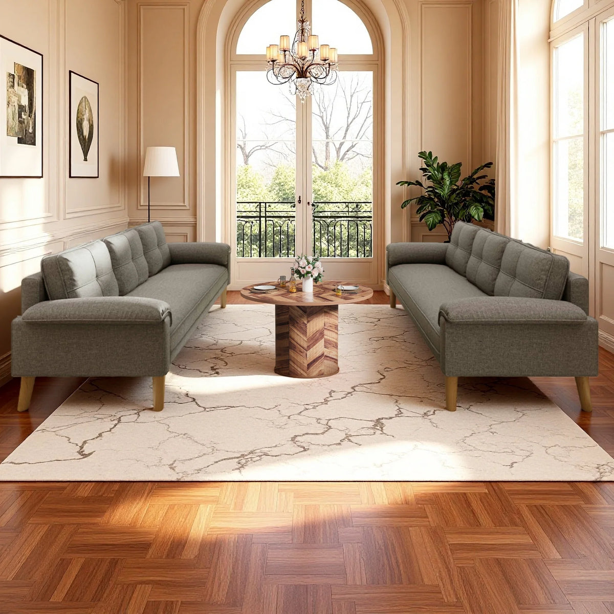 Lofka 69" Small Modern Sofa with Round Storage Coffee Table(Sliding Door) and Thick Armrest for Living Room & Apartment