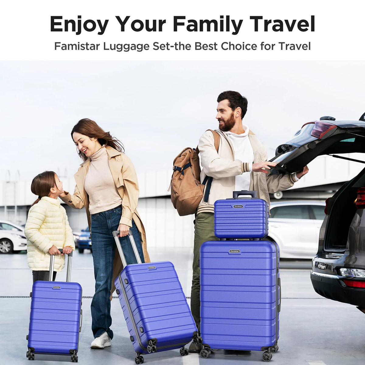 Famistar Hardside Luggage Suitcase 4 Piece Set with 360° Double Spinner Wheels Integrated TSA Lock, 14” Travel Case, 20" Carry-On Luggage, 24" Checked Luggage and 28" Checked Luggage, Blue