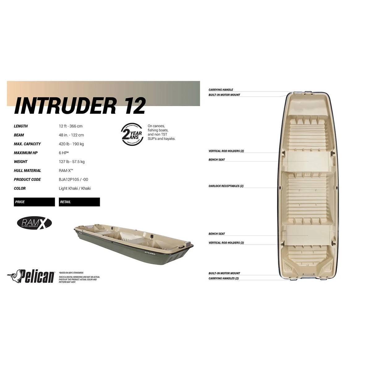 Pelican - Boat Intruder 12 - Jon Fishing Boat - 12 ft. - Great for Hunting/Fishing, Khaki/Beige