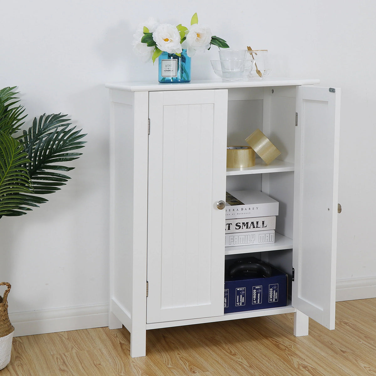 HomGarden 2-Door Bathroom Floor Storage Cabinet Side Cupboard W/ Adjustable Shelves, 11.8'' W, White