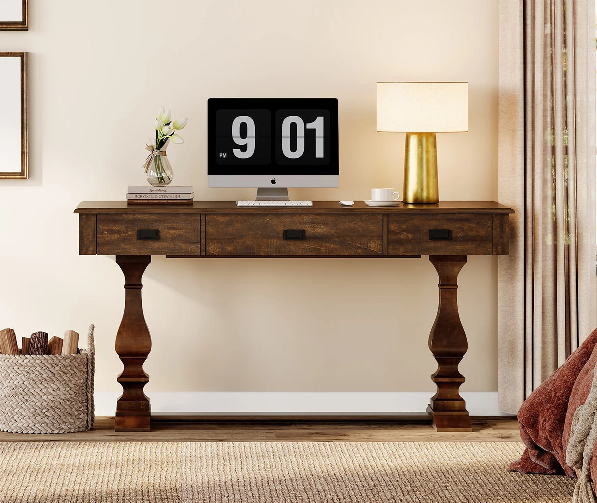 WAMPAT Farmhouse Office Desk with Charging Station - Vintage Rustic Executive Writing Table, Includes 3 Storage Drawers, Sturdy Solid Wood Legs and Ergonomic Rounded Edge for Study,Dark Brown