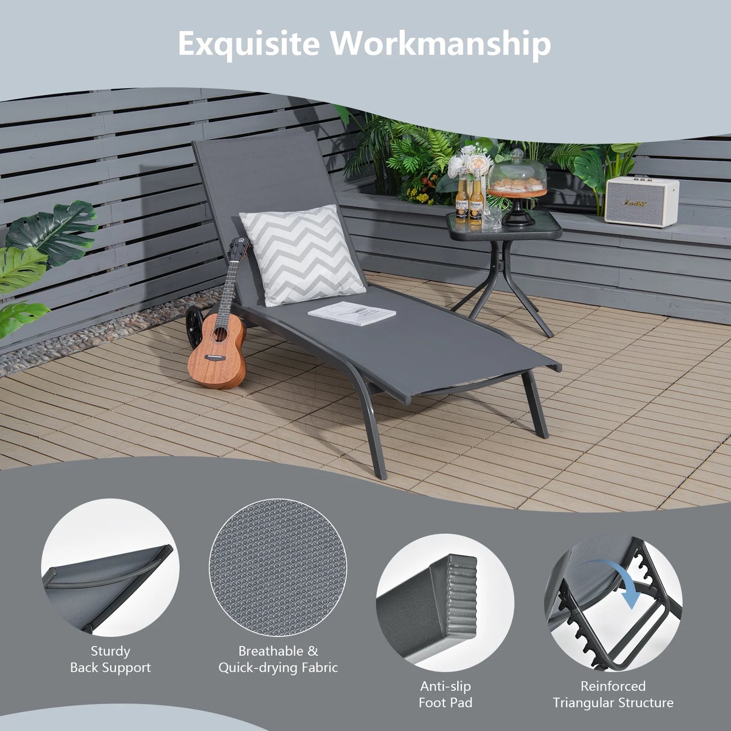 Costway 2PCS Outdoor Adjustable Chaise Lounge Patio 6-Position Recliner Wheels Black