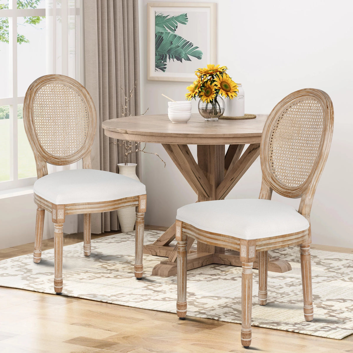 French Dining Chairs Set of 2 Beige Natural Fabric Round Back with Solid Wood Legs and Frame for Bedroom Dining Room Kitchen