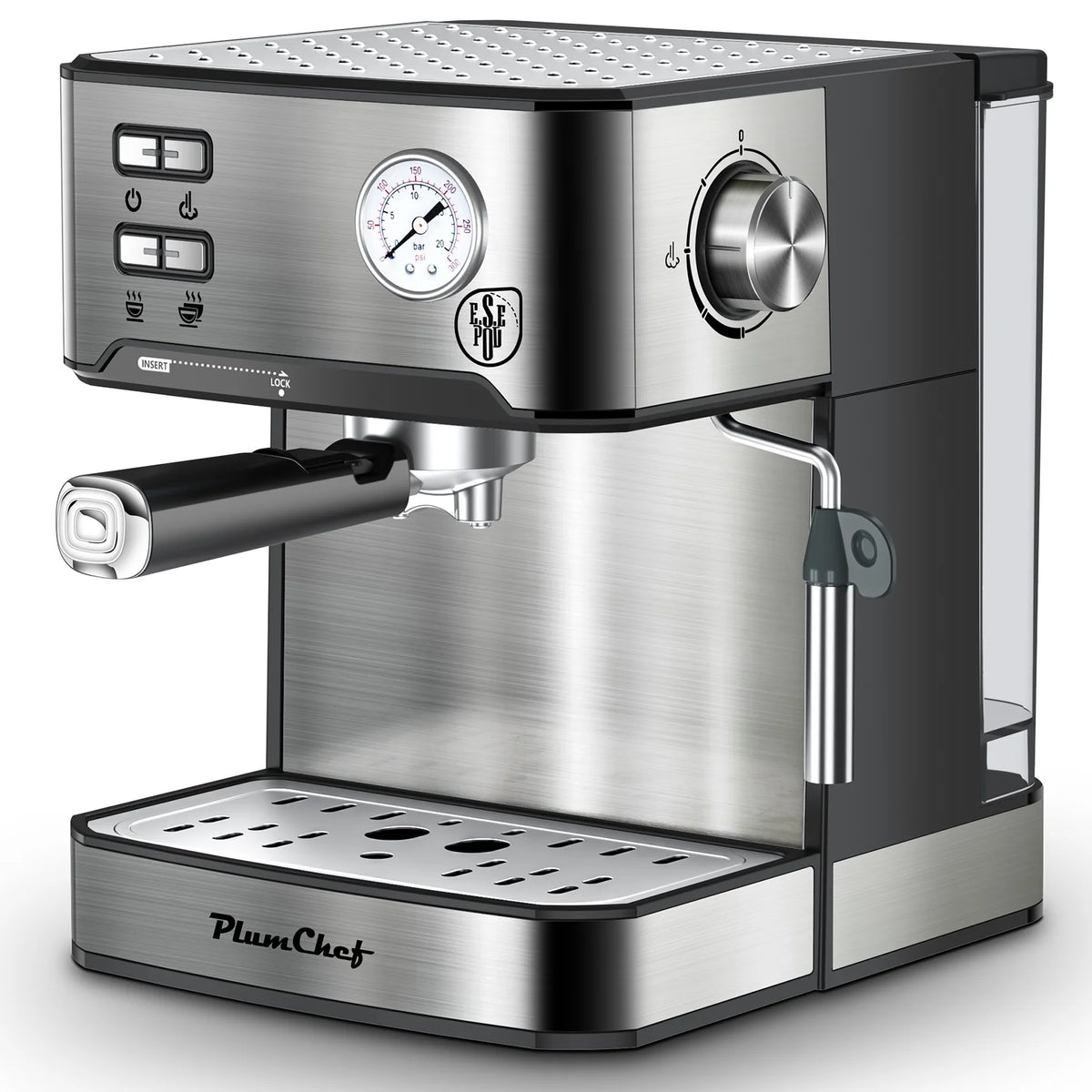 Plum Chef Espresso Machine, 20 Bar Coffee Maker with Foaming Milk Frother Wand, Espresso & Cappuccino Latte Maker Coffee Machine, 850W, 1.6L Removable Water Tank, Black&Silver