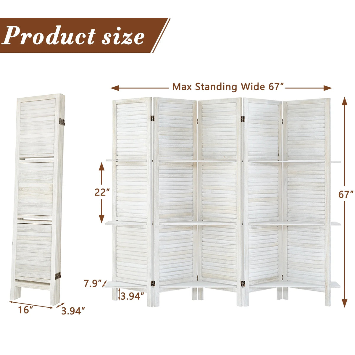 6-Panel Room Divider with Shelves5.6ft Tall Folding Privacy Screen Panels, Room Divider Wall, Divider for Room Separation, Room Divider ShelvesEffectively Block SightNatural