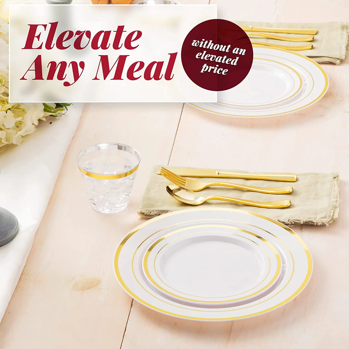 Prestee 600 Piece Gold Dinnerware Party Set (100 Guest), 100 Salad Gold Plates, 100 Gold Plastic Silverware Set, 100 Gold Cups Disposable Party Pack Wedding Birthday Parties