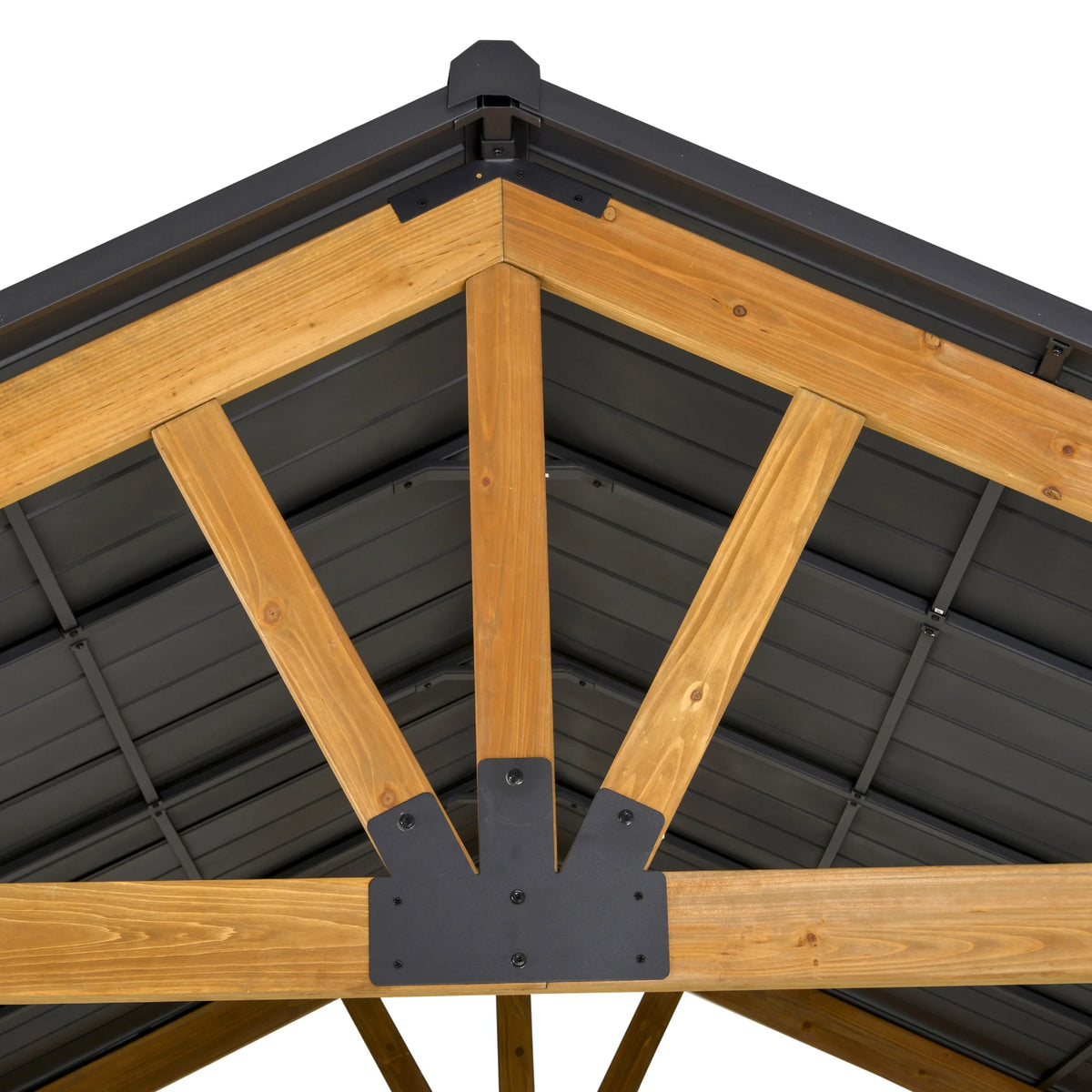 Outsunny 11x13 Hardtop Gazebo with Wooden Frame, Permanent Metal Roof Gazebo Canopy with Ceiling Hook for Garden, Patio, Backyard