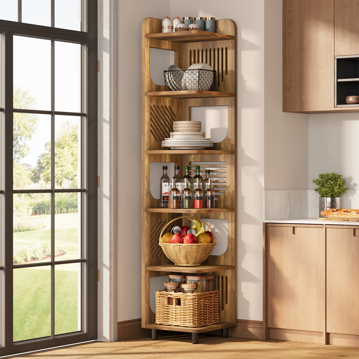 Fnova 71" 6-Tier Tall Corner Bookshelf, Rustic Wooden Narrow Corner Bookcase with Artistic Square Rack, Freestanding Display Storage Shelf for Space-Saving Home Organizing