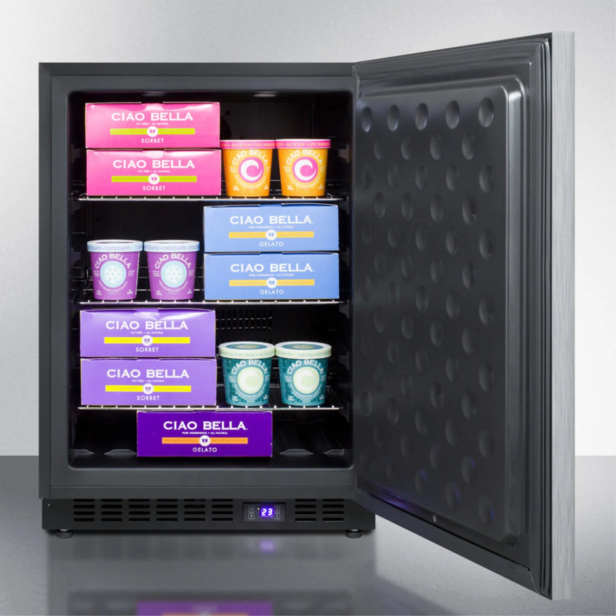 Frost-free outdoor all-freezer in complete stainless steel, w/digital thermostat, LED lighting, horizontal handle, and lock; built-in or freestanding
