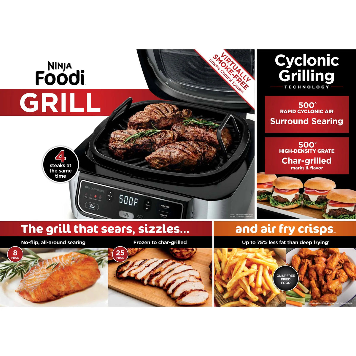 Ninja Foodi 4-in-1 Indoor Grill with 4-Qt Air Fryer, Roast, Bake, & Cyclonic Grilling Technology, Black/Stainless