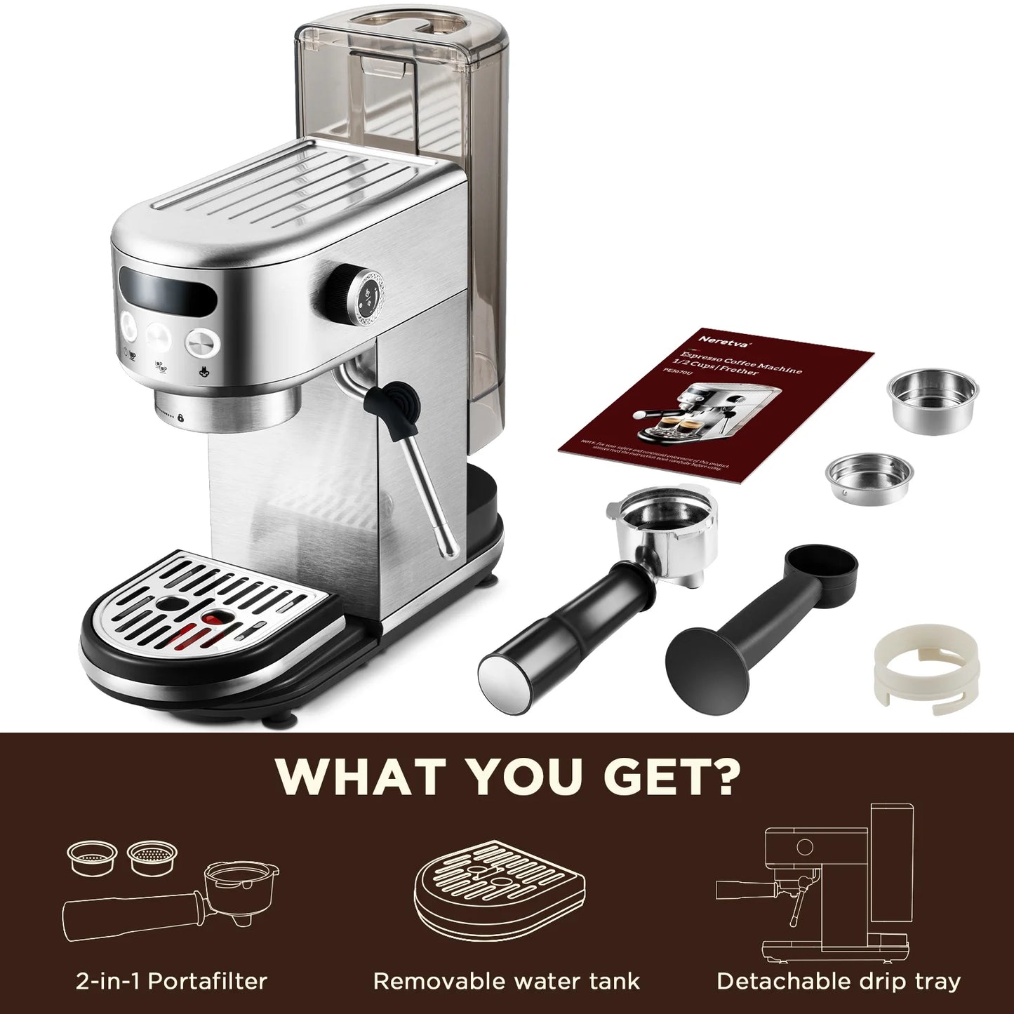 Neretva Espresso Machine 15 Bar Professional Espresso Maker with Milk Frother Steam Wand, Cappuccino & Latte Machine, Espresso Coffee Machine for Home- Stainless Steel