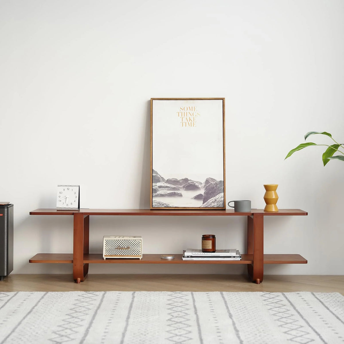 Bamboo TV Stand for Up to 65 Inch, Mid Century Modern Entertainment Center with 2-Tier Open Shelves, Storage Media Console Table for Living Room, Bedroom, Walnut