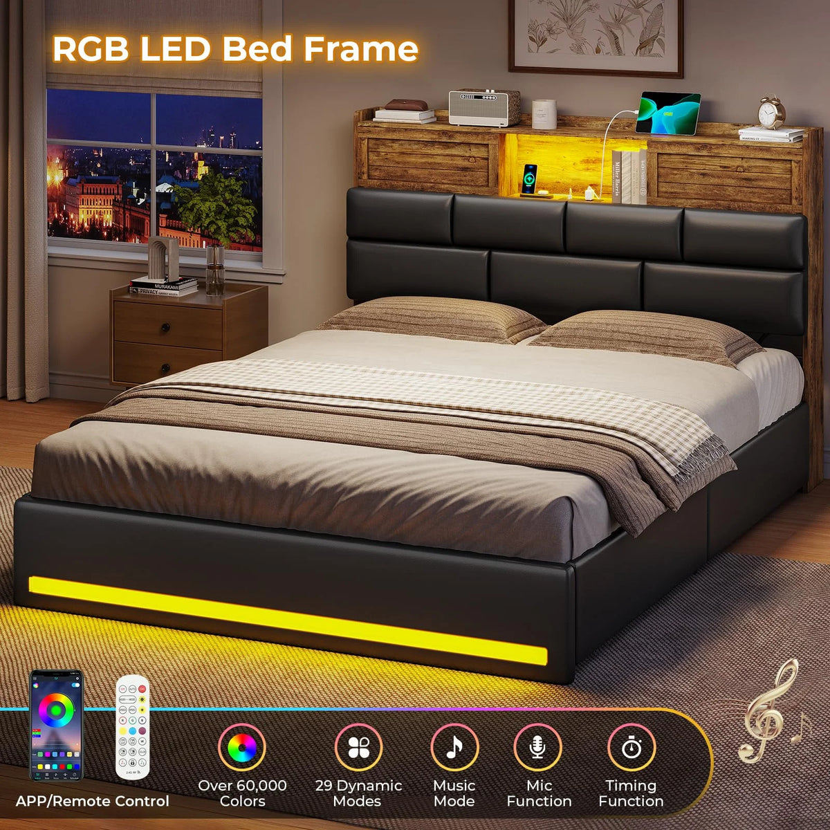 Twin Bed Frame with Bookcase Headboard and Storage, Barn Doors Twin Size Upholstered Beds with 4 Under Bed Storage Drawers & Charging Station & LED Lights, Grey